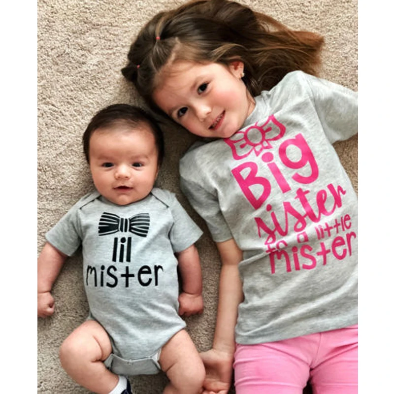 

Big Sister Shirt and Little Brother Bodysuit Family Matching T-shirt Big Sister Lil Mister Girl Tees Newborn Romper Clothes