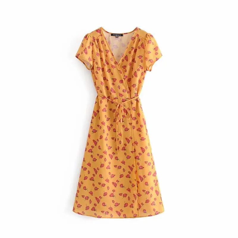 

Europe And America Vacation Style 2019 French Rose Printed Solid Wrap Skirt Retro Mid-length Dress WOMEN'S Dress