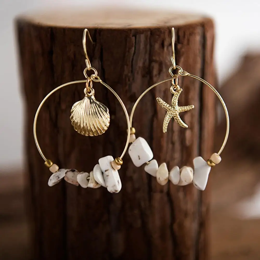 Gold Alloy Sea Shell Starfish Dangle Earrings For Women Summer Vintage Round Circle With Stone