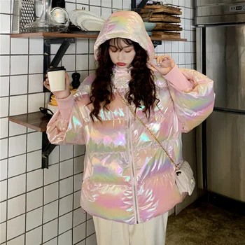 

Kpop Women's Winter Jackets Parka With A Hood glossy Korean-Style Outerwear Sweet Girl Cotton Warm Coats Water Repellent OK134