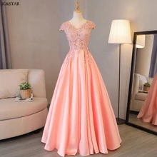 Vestido de festa longo para casamento новые кружевные атласные сексуальные платья трапециевидной формы с v-образным вырезом персикового и розового цвета для подружек невесты robe de soiree longue