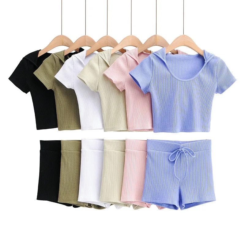 2020 suit female new threaded hooded short sleeve section + shorts tight and thin | Женская одежда