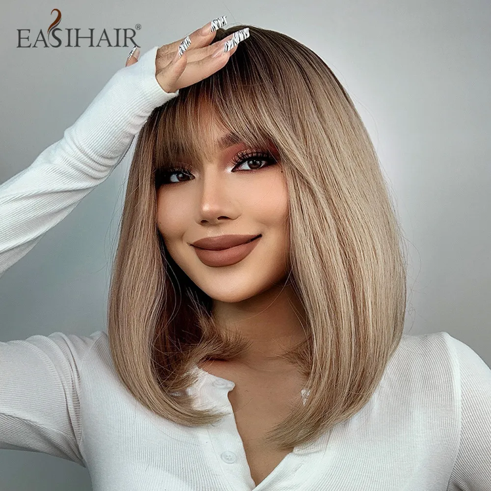 EASIHAIR Short Straight Bob Wigs with Bang Golden Brown Natural Synthetic Hair for Women Daily Cosplay Heat Resistant Fiber Wigs