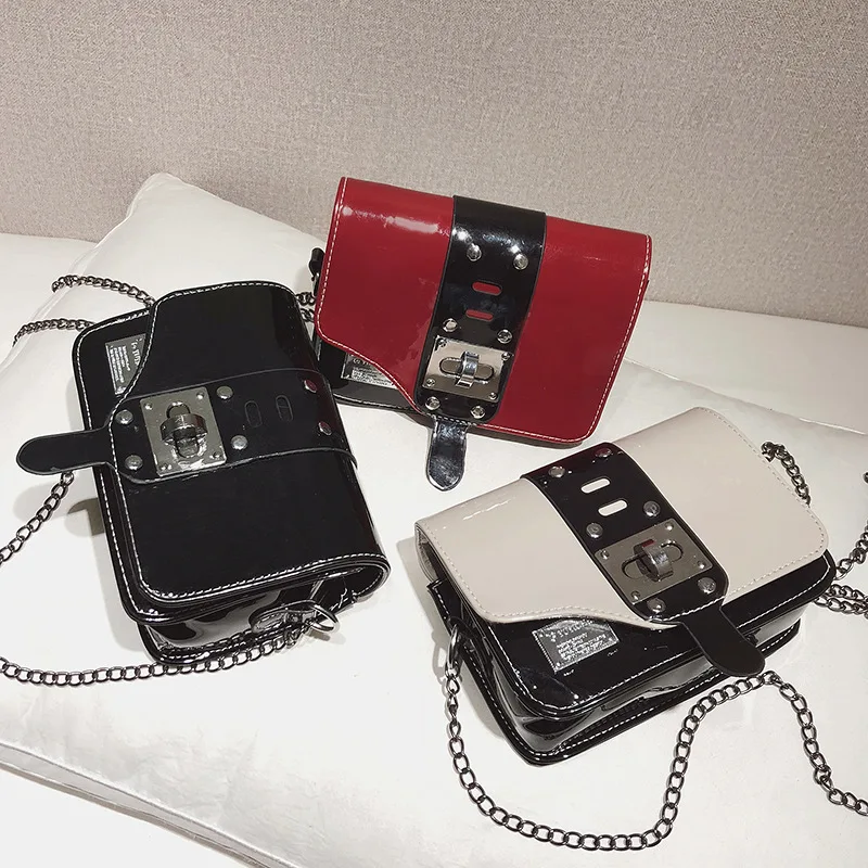 

Small Bag Women's 2019 New Style Fashion Korean-style Versatile Messenger Bag Patent Leather Cutaway Lock Square Sling Bag Chain