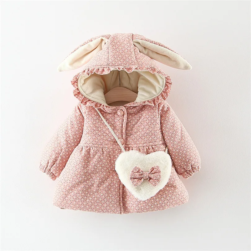Детское пальто зимняя одежда с капюшоном и заячьими ушками для маленьких девочек плотная бархатная верхняя одежда для малышей с сумкой детские пальто и куртки верхняя одежда для девочек