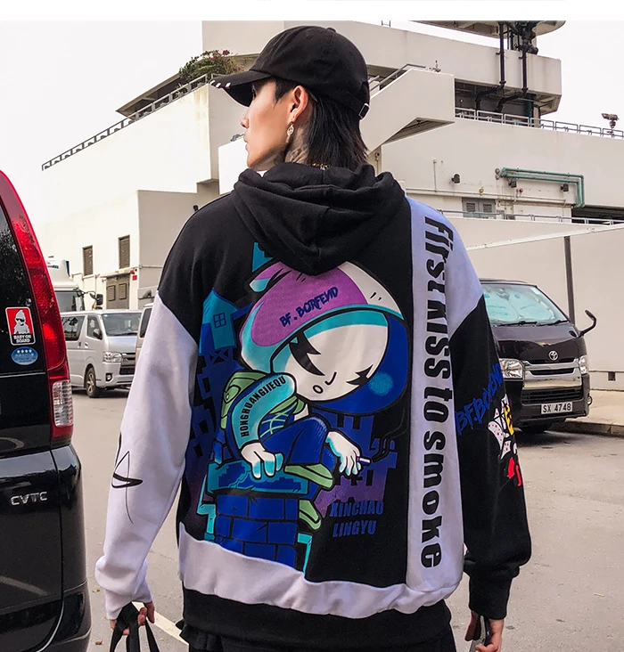 Aelfric Eden Лоскутная мужская толстовка с мультяшным принтом Harajuku Повседневный хлопковый с капюшоном толстовки Хип Хоп Модный пуловер уличная одежда