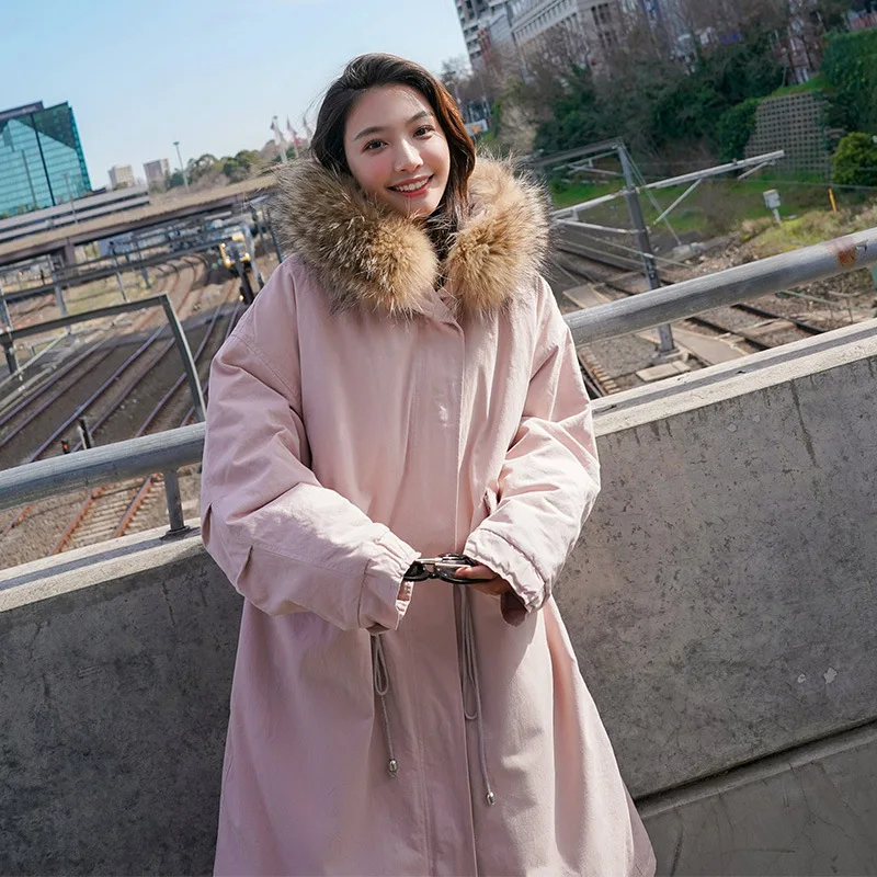 

Main Push 2018 Winter Korean-style Loose-Fit Pure Cotton Thick Large Fur Collar Cotton Overcoat Women's Mid-length Drawstring Wa