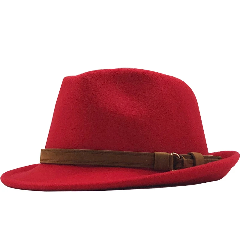 New Wool Women Men Fedora Hat For Winter Autumn Elegant Lady Gangster Trilby Felt Homburg Church Jazz Hat 55-58CM adjustable - Цвет: Red