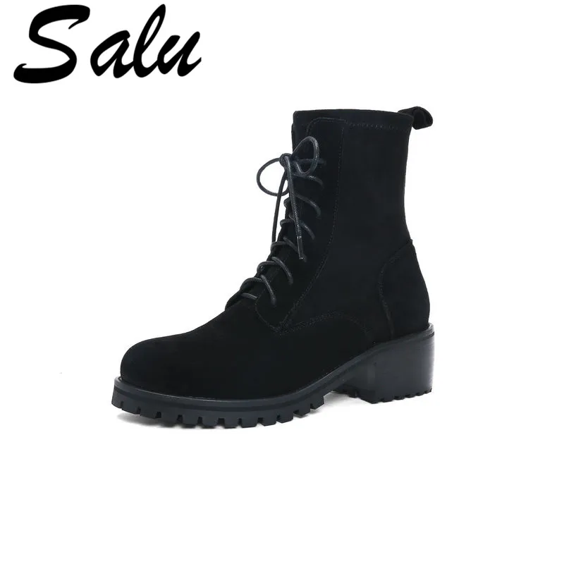 

Salu Boots Women 2019 Cow Suede Leather Chelsea Boots Handmade Ankle Boots Brand Round Toe Chunky Ladies Shoes Plush Size