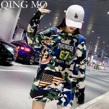 

QING MO Camouflage Women Tshirt Green Women Autumn Printed Tshirt O Neck Full Sleeve Tshirt High Quality ZQY1595