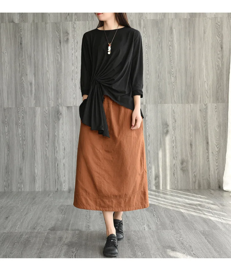 Original Retro Spring Autumn Cotton Women'S T-Shirt Irregular Casual Pullover Tie Pleated Tops Ladies O Neck T-shirt