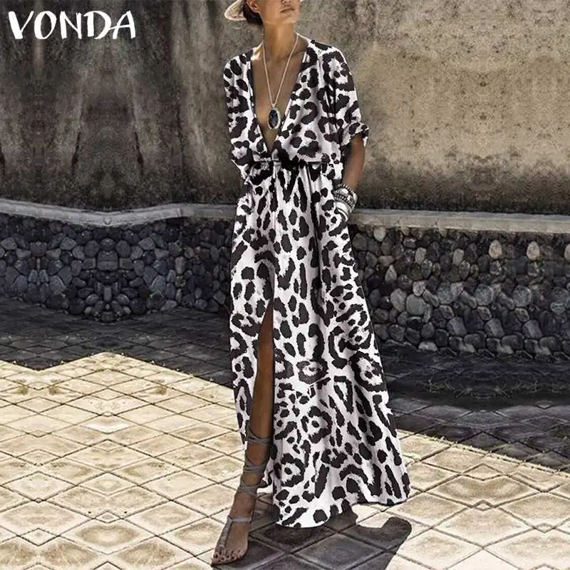 VONDA, женское длинное платье с принтом,, сексуальное, v-образный вырез, половина рукава, высокая талия, с разрезом, леопардовое, вечерние, праздничные, повседневные, Vestidos, мешковатые