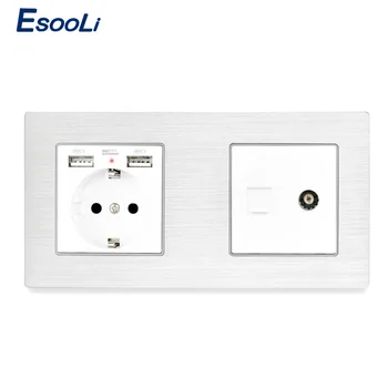 

Esooli Aluminum Metal Panel EU Standard Socket with USB + 1 Gang Female TV Connector With CAT5E RJ45 Internet Computer Data Jack