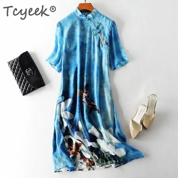 

Tcyeek Summer Dress Women 100% Real Silk Dresses 2020 Vintage Floral Silk Mid Dress Elegant Boho Party Dresses Vestidos 88009