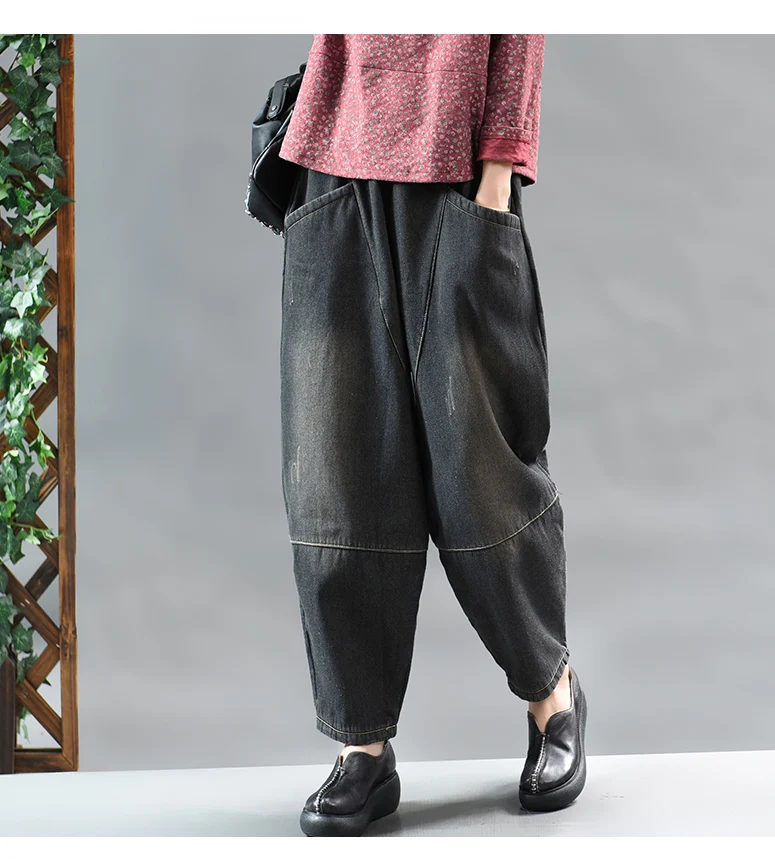 Autumn Winter Women Loose Velvet Jeans Warm Denim Pants Female Elastic Waist Pocket Spliced Cotton Casual Fleece Trousers