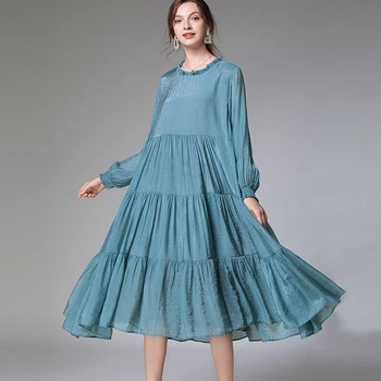 

Woman Elegant Party Dresses Plus Size Summer Spring Full Sleeve Lady Casual Oversized Blue Dress Woman Bohemian Loose Dresses