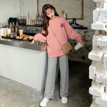 

New Fashion Women Loose Simple Print Solid Color Body Solid Color Wide Leg Pants Two-piece Suit Deuce Female