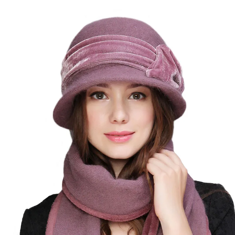 

Women Wool Rabbit Fur Knitted Fedora Hat Fashion Vintage Wide Brim Female Winter Hats Neck Warmer Cap With Scarf