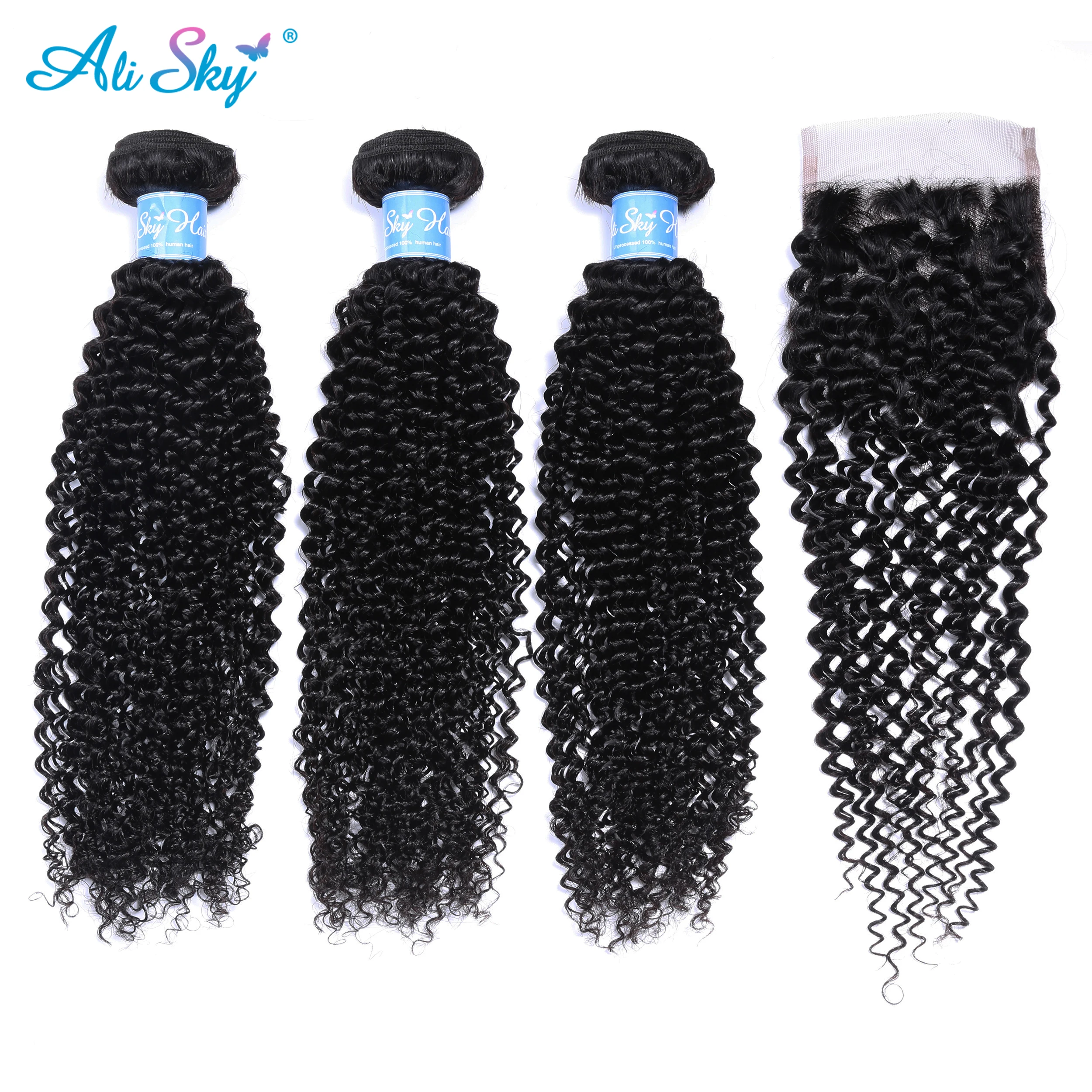 

Alisky Hair Free/Middle/Three Part Peruvian 3 Bundles Afro Kinky Curly Hair With A 4*4 Swiss Lace Closure 100% Human Hair Remy