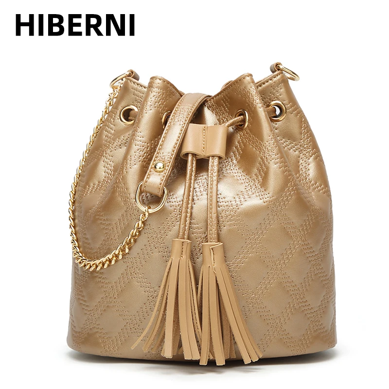 

Women's bucket bag PU leather quality brand designer drawstring shoulder diagonal bag chain metal shoulder strap