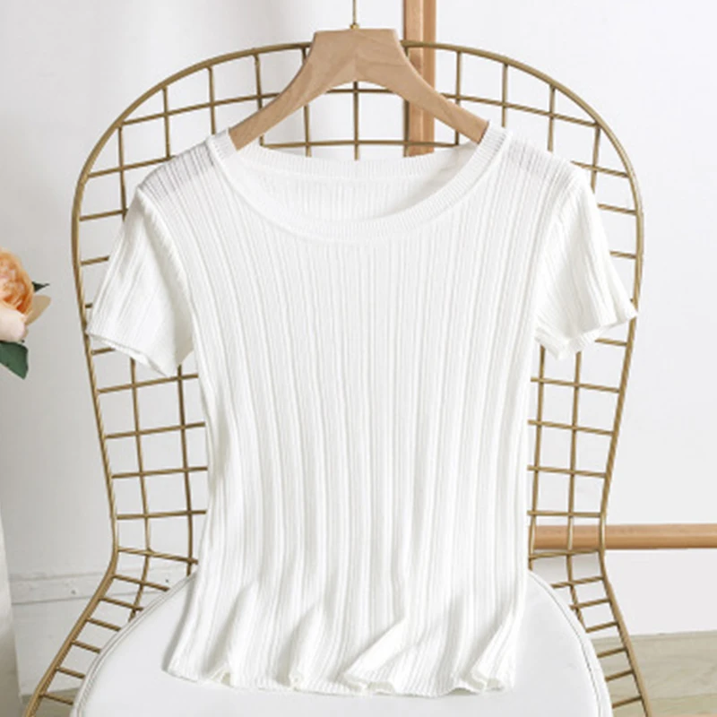 

Summer Women T-shirt Fashion Knit Short-sleeved T-shirt Top O-neck Rib Women Casual Tshirt New 2019 Casual Women's Clothing Tee