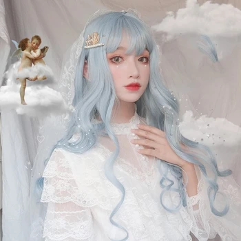 

MUMUPI Synthetic Blue Lolita Bangs Wig Long Curly Ombre Azure Cute Party Cosplay Women