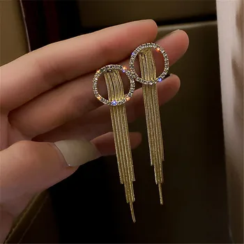 

FYUAN Geometric Circle Crystal Drop Earrings for Women Bijoux Long Tassel Dangle Earrings Weddings Jewelry Accessories