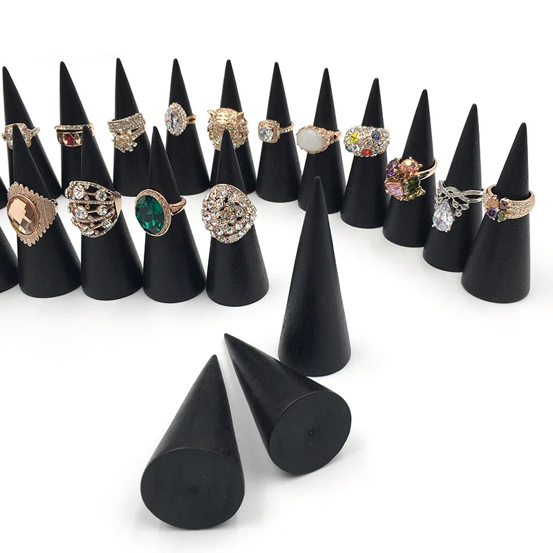 

1pcs Black Wooden Ring Holder Display Cone Rack Jewelry Ring Stack Showcase Solid Wood Finger Trinket Stand Storage Organizer