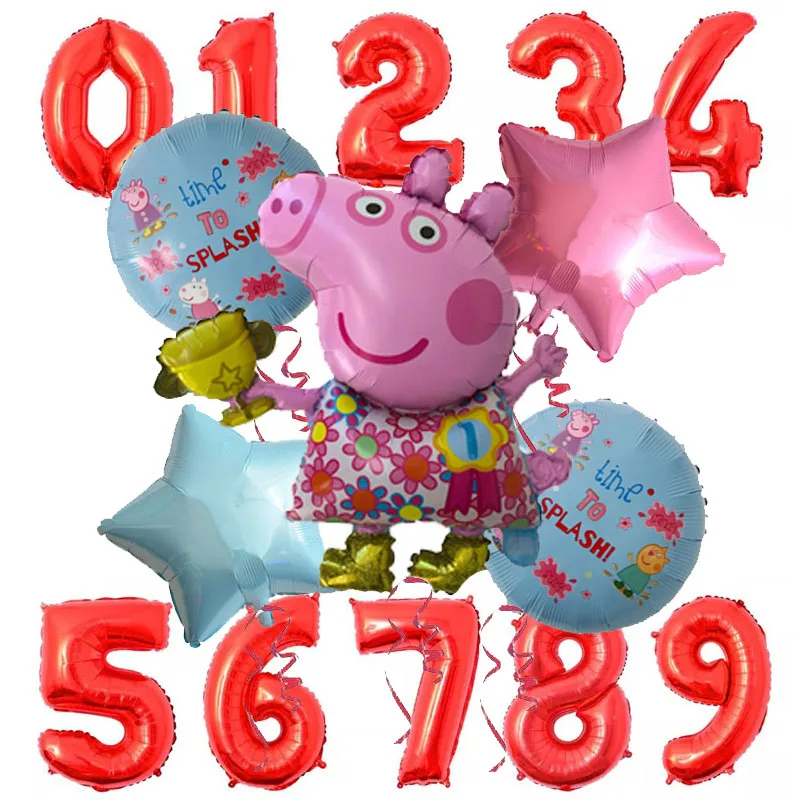 6pcs Cartoon Peppa Pig Foil Balloons 32inch red 0-9 Baby Boy Girl Helium Globos Happy Birthday Party Room Decorations Kids Toys - Цвет: Светло-желтый