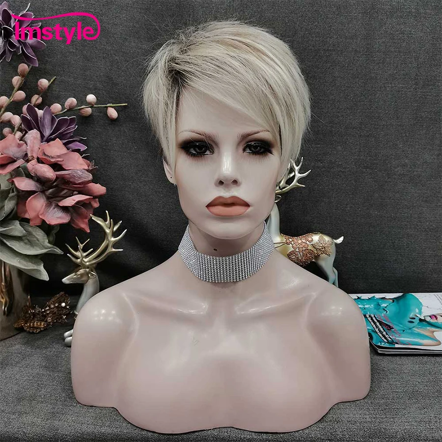 

Imstyle Mix Blonde Brown Short Wig Puffy Straight Synthetic Wigs Female Haircut Natural Daily Wigs For Women