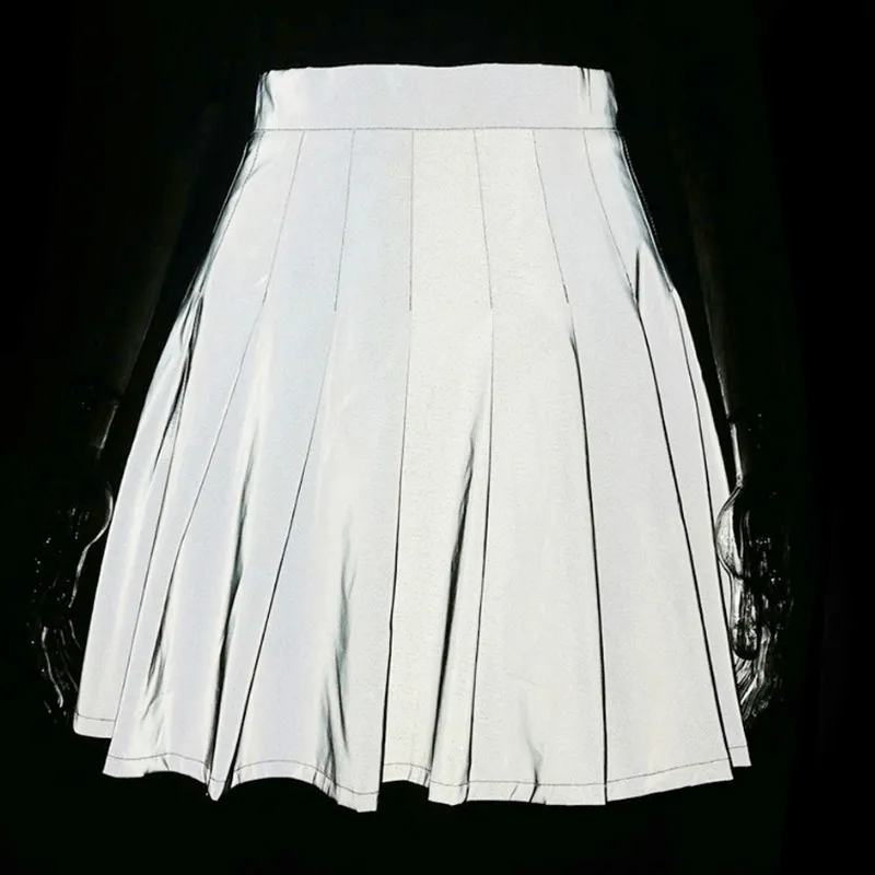 Женская Светоотражающая юбка в стиле панк для ночного клуба, осенняя плиссированная юбка с высокой талией для танцевального шоу, Клубная одежда трапециевидной формы, юбки на Рождество и Хэллоуин