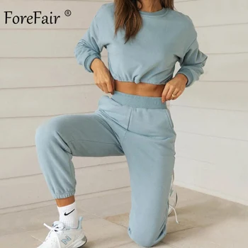 

Forefair 2 Pieces Set Women Long Sleeve Short Sweatshirt Long Pants Blue Sportwear Casual Sweat Outfit Autumn Female Tracksuit