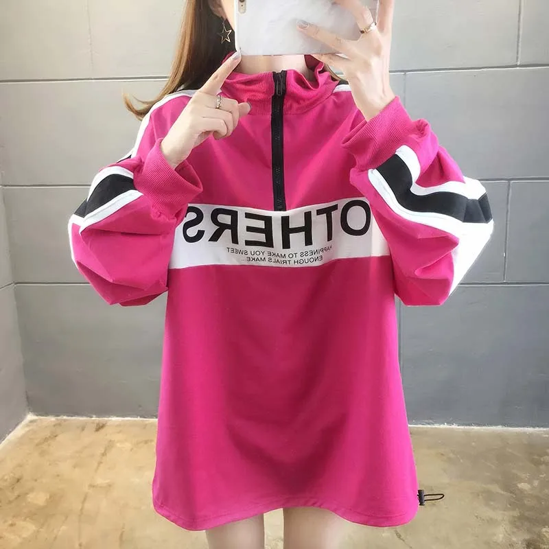 

Zipper Hoodie Long Sweatshirt Women Letter Printing Stand Neck Oversized Toppies Rose Red Coat Black Blue Clothes Winte