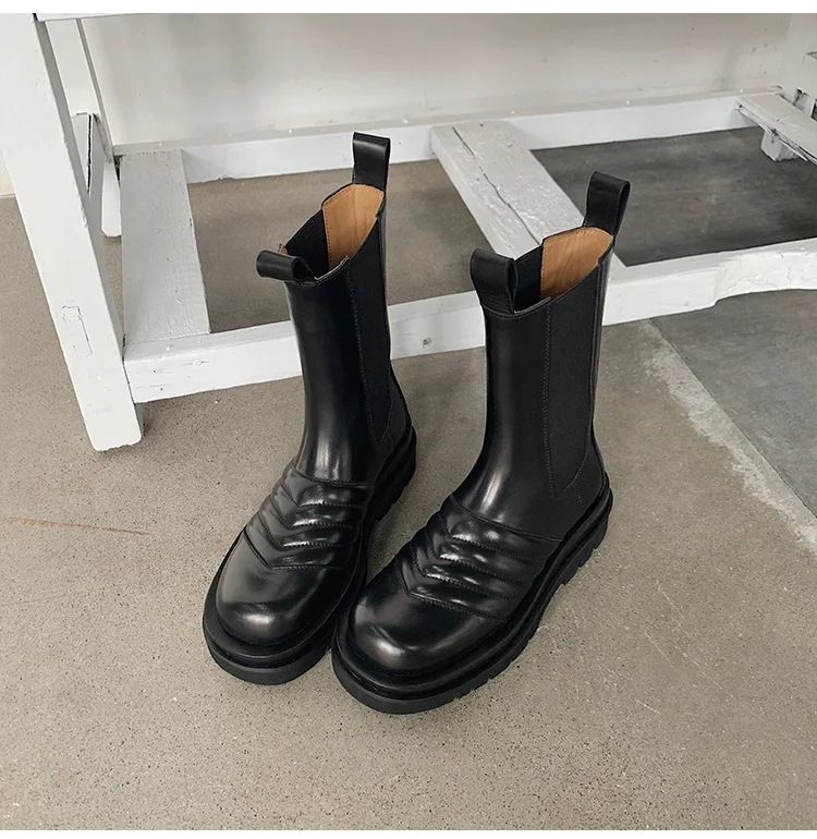 Новые Стильные черные ботинки «Челси» на толстой подошве; женские ботильоны с круглым носком без застежки; женские рыцарские ботинки для подиума