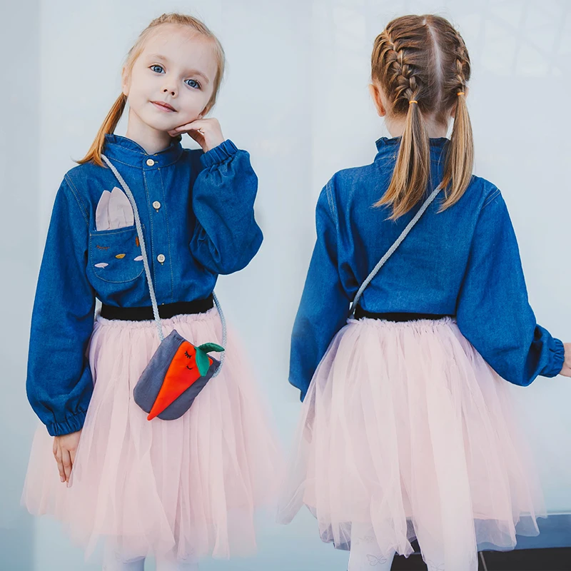 Girls Mesh Dress Autumn Princess Dresses Children Clothing Long Sleeve Spring Denim Dress for Girl Kids Dress 2 8 Years