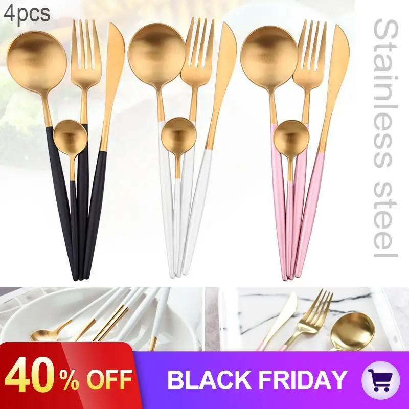 4pcs/set Universal Thickened Long Handle Tableware Set Splicing 304 Stainless Steel Knife Fork Spoon for Kitchen Food Dinnerware