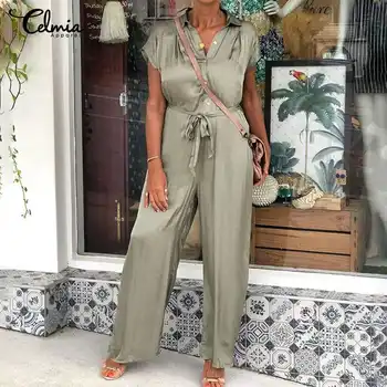 

Women Rompers Celmia Ladies Long Jumpsuits Summer Short Sleeve Casual Solid Satin Elegant Wide Leg Playsuits Plus Size Overalls
