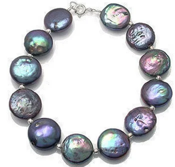 

12mm Beautiful and charming Black coin Pearl bangle Bracelet 7.5" Natural free shippinging