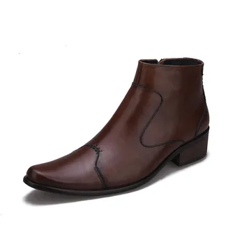 

Pointed Italian Business Men Toe Block Med Heels Formal Ankle Luxury Genuine Leather Office Work Safety Shoes Boots
