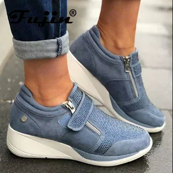 

Fujin Casual Shoes Women 2020 Autumn Round Toe Wedges Fashion Crystal Breathable Thick Bottom Causal High Bottom Women Shoes