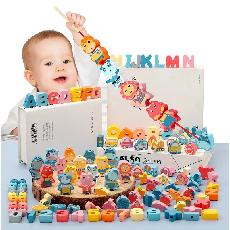 

Wooden Baby Early Education Cartoon Animals Traffic Alphanumeric Box Threading Building Blocks Education Toy For Children