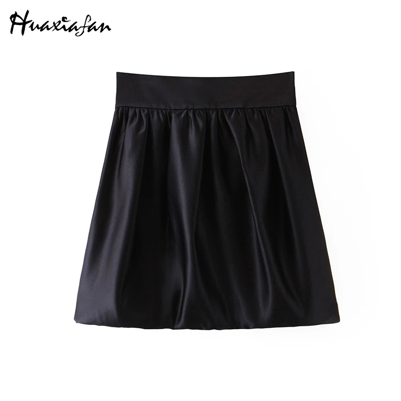 Huaxiafan, свободные однотонные черные юбки, женская модная повседневная сатиновая юбка, женская элегантная мини-юбка на молнии, женские юбки