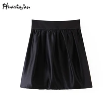 Huaxiafan, свободные однотонные черные юбки, женская модная повседневная сатиновая юбка, женская элегантная мини-юбка на молнии, женские юбки