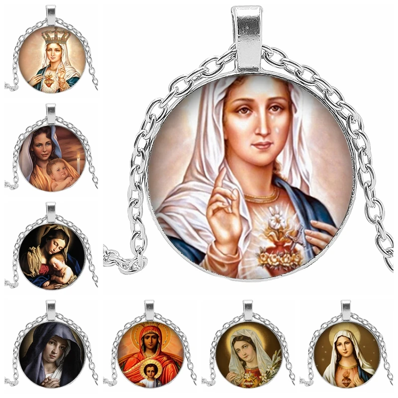 

2020 Hot Sale Christian Virgin Mary Glass Dome Dome Flat Back Alloy Necklace Pendant Various Virgin Mary Accessories