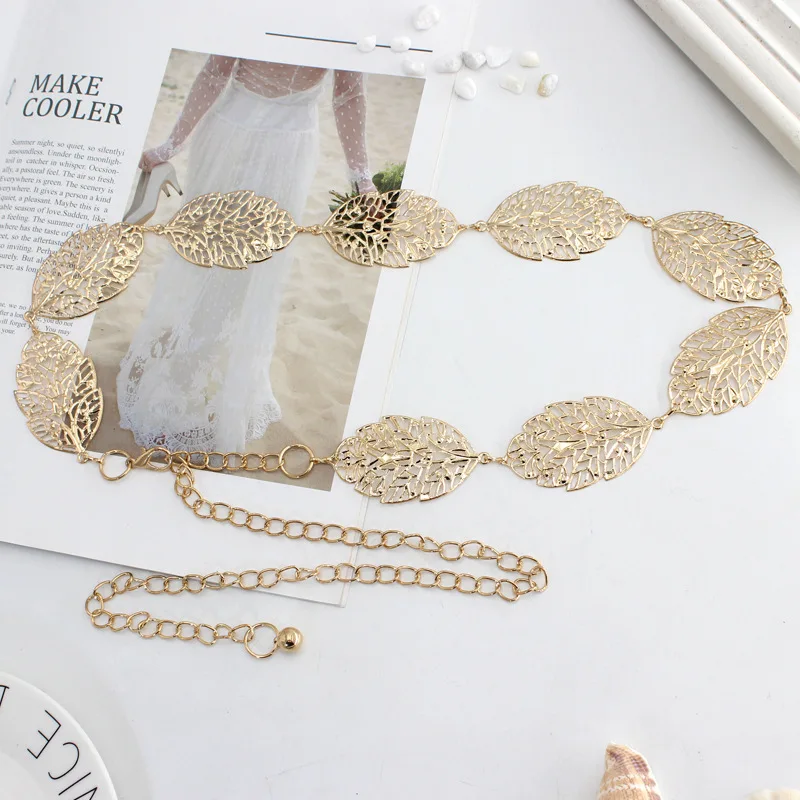 Metal Leaves Belt Hollow Silver Gold Women Chain Belt Ladies Dress  Decorative Waistband