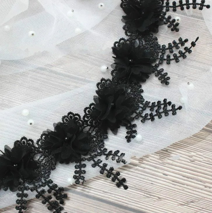 1Yard(15Pcs Flower) 8CM 3D Chiffon Rose Lace Trim Flower With Pearl Wedding Dress Deco Tassel Patch DIY Craft lace garment accessories lace sewing supplies lace decoration lace accessories lace sewing accessories clothing accessories
