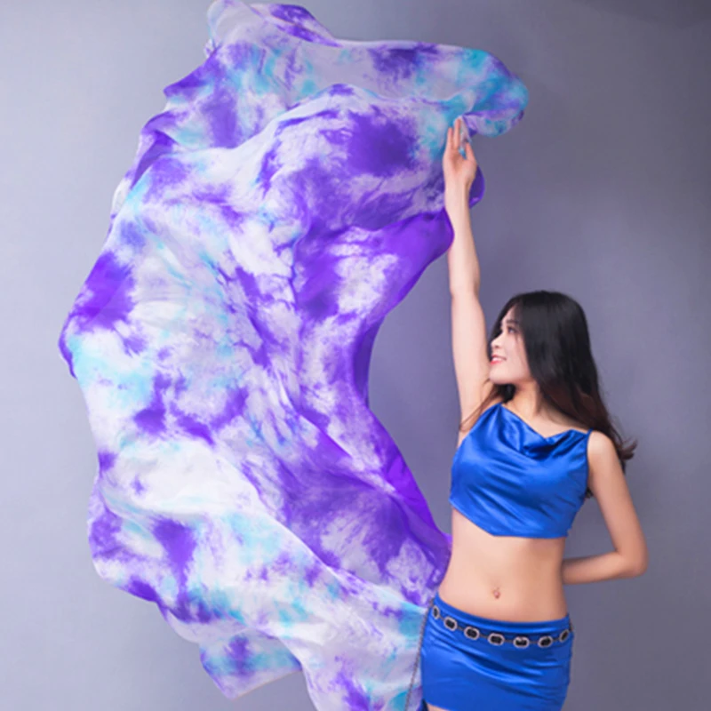 Women 100% Silk Veils Belly Dance Stage Performance 200cm 250cm 270cm Kids Adults Rainbow Light Silk Veils Customized 17 Color