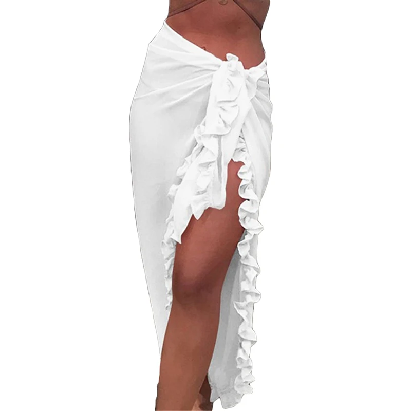 Ruffle Beach Summer Long Skirt Women 2021 Side Split White Red Black Pink Yellow Elastic Waist High Waist Skirts Clothes bathing suits and cover ups