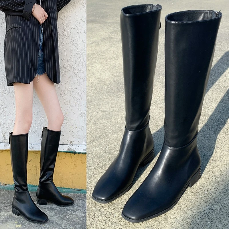

botines mujer 2019 Brand design women knee high boots thick med heels fashion solid black leather long booties bota feminina