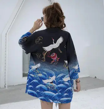 

Crane Print Kimono Yukata Japanese Kimono Cardigan Fashion Blouse Women Kimono Cardigan Haori Traditional Kimonos Obi Shirt